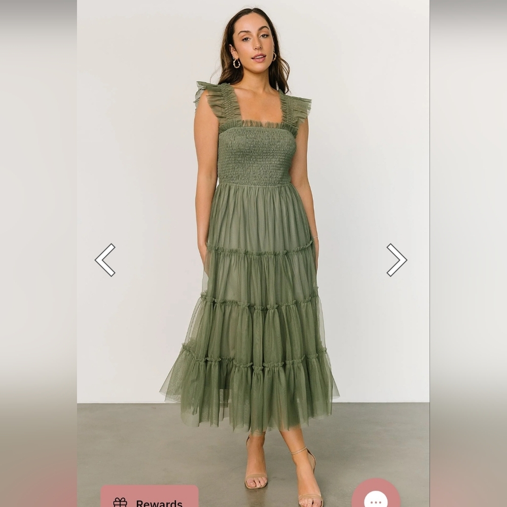 Baltic Born Olive Green Smocked Midi Dress Medium